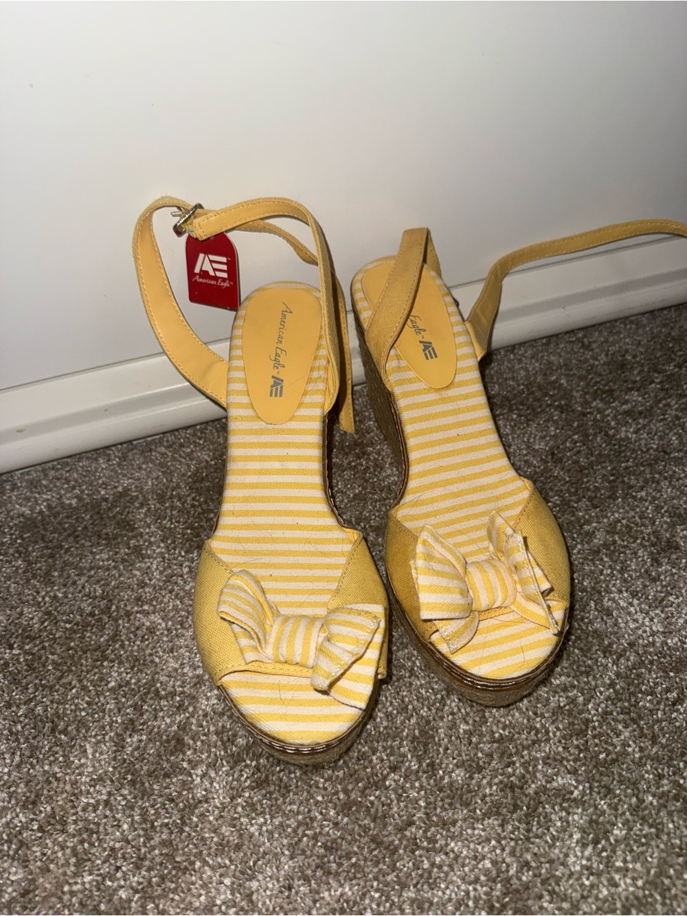 American Eagle Outfitters Yellow Striped Bow Wedge Sandals with Ankle Strap